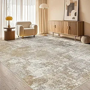 Washable 9x12 Area Rug for Living Room: Modern Abstract Neutral Large Soft Thin Rugs - Non Slip Indoor Carpet for Bedroom Dinin
