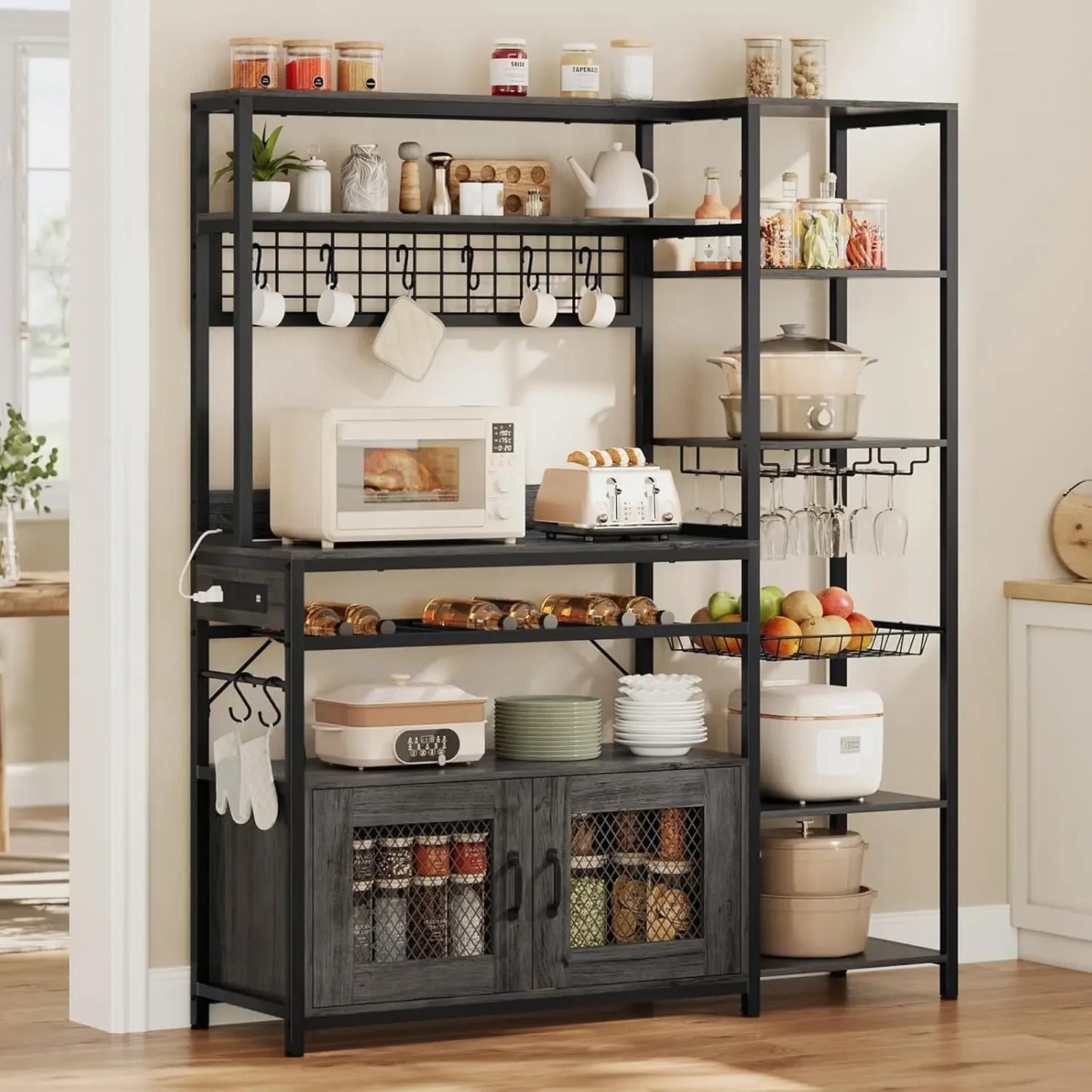 47.2in Microwave Stand with Storage Shelves,  Bakers Rack with Power Outlet,Coffee Bar with Cabinet, Kitchen Pantry Hutch
