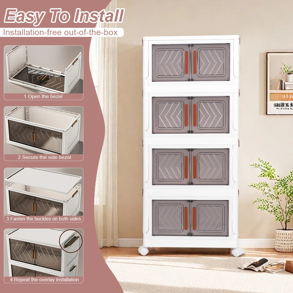 4 Tier Stackable Storage Bins with Lids with Doors & Wheels Foldable Organization Storage Drawer for Living Room Bedroom Office
