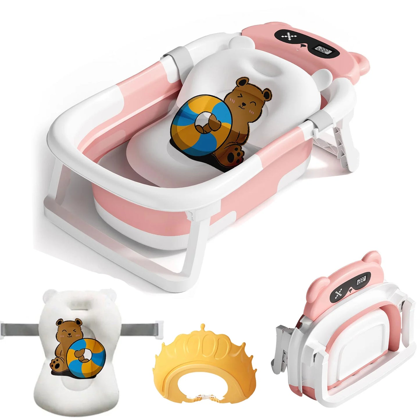 Infant Bathtub With Cushion Foldable Thermometer Shower Cap