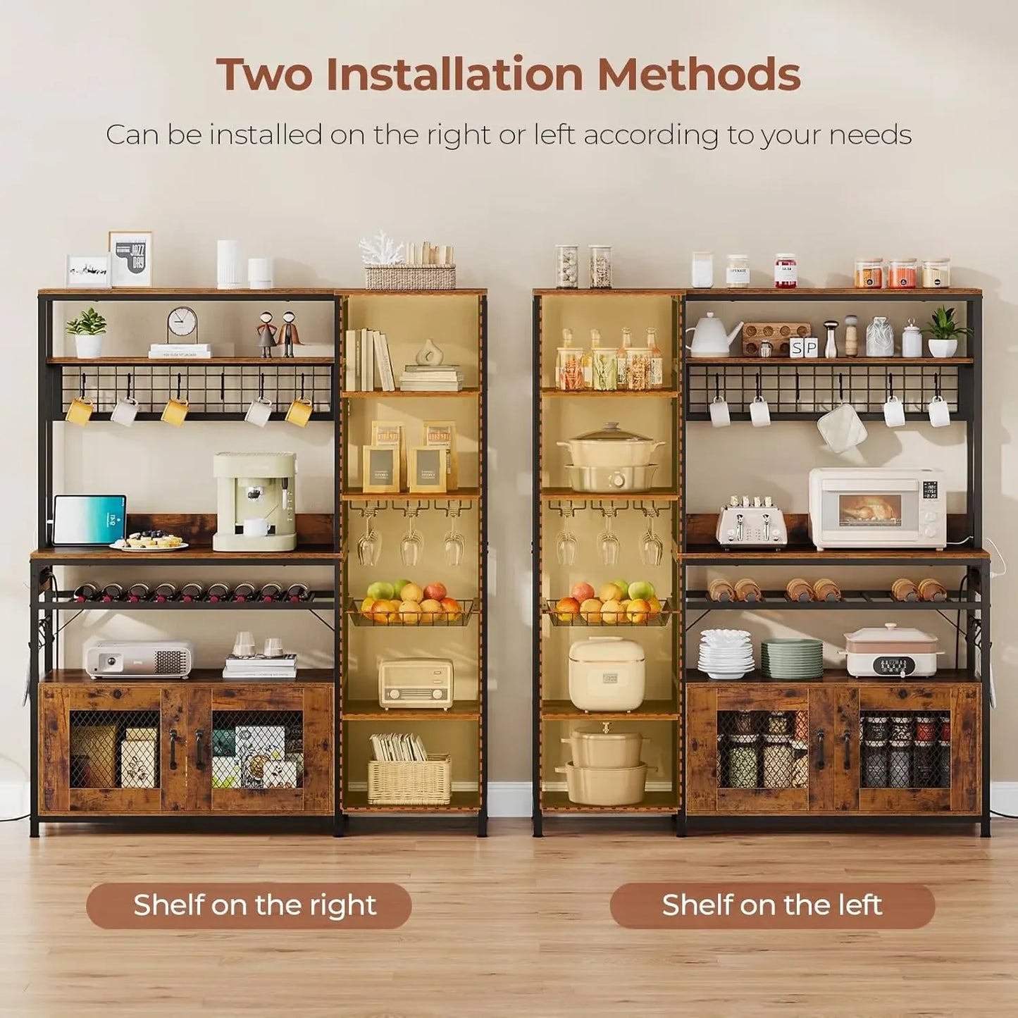 47.2in Microwave Stand with Storage Shelves,  Bakers Rack with Power Outlet,Coffee Bar with Cabinet, Kitchen Pantry Hutch