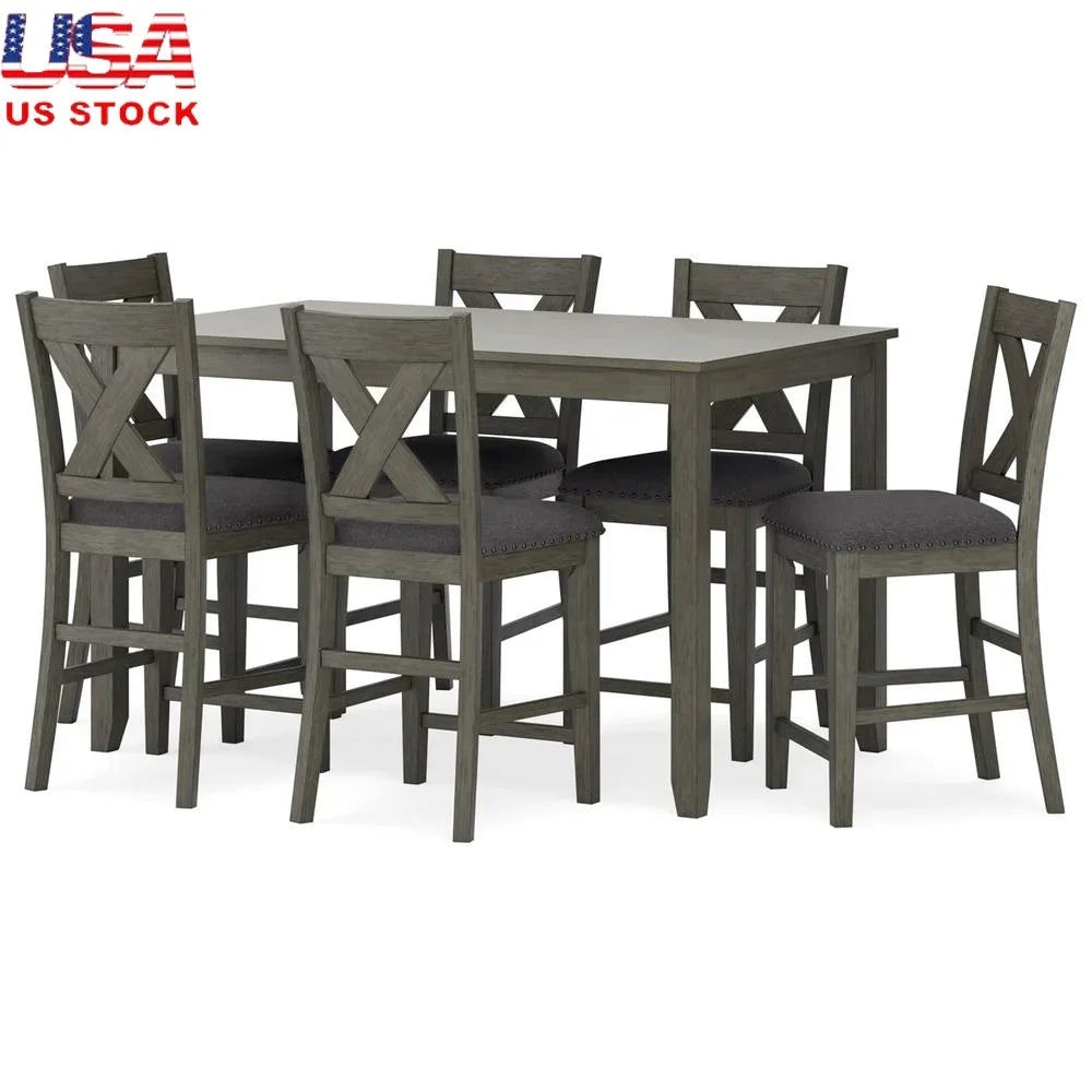 7-Piece Gray Counter Height Dining Table Set with Upholstered Bar Stools Casual Flair