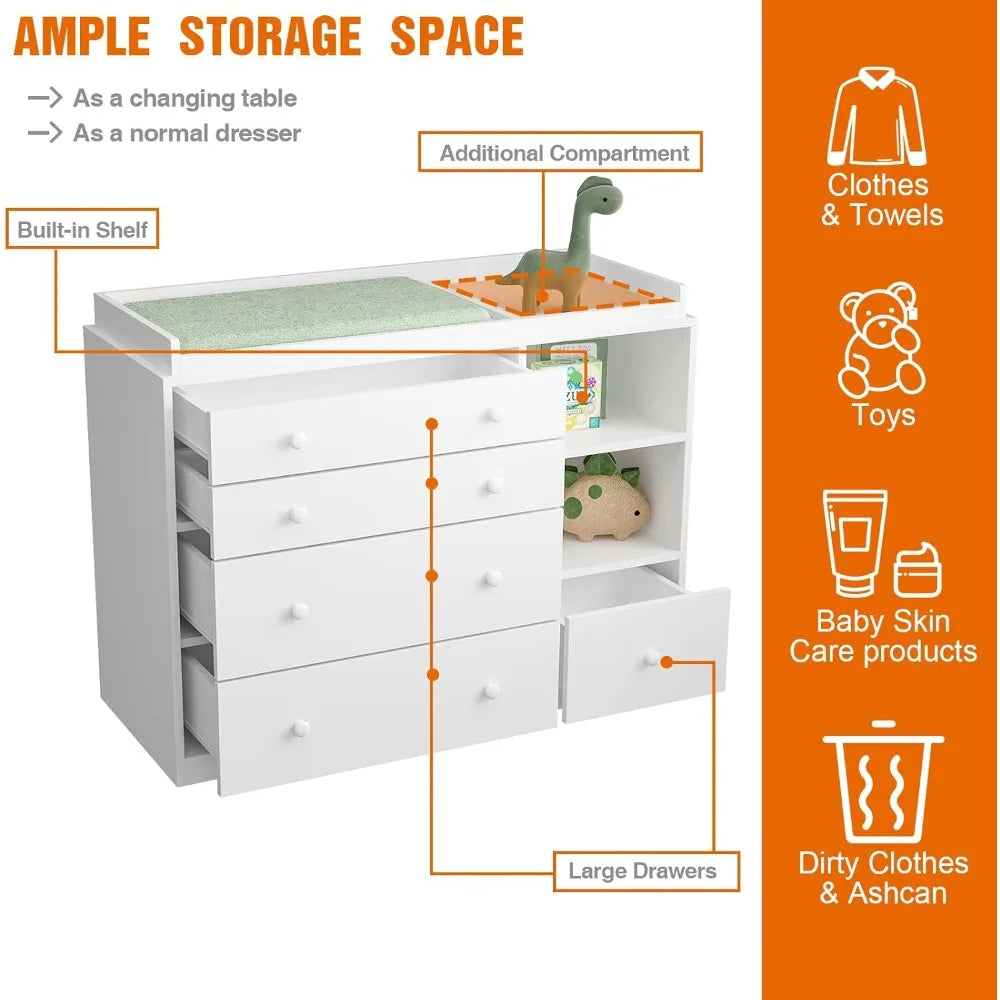 Baby Classic Changing Table Dresser With 5 Drawers Shelves