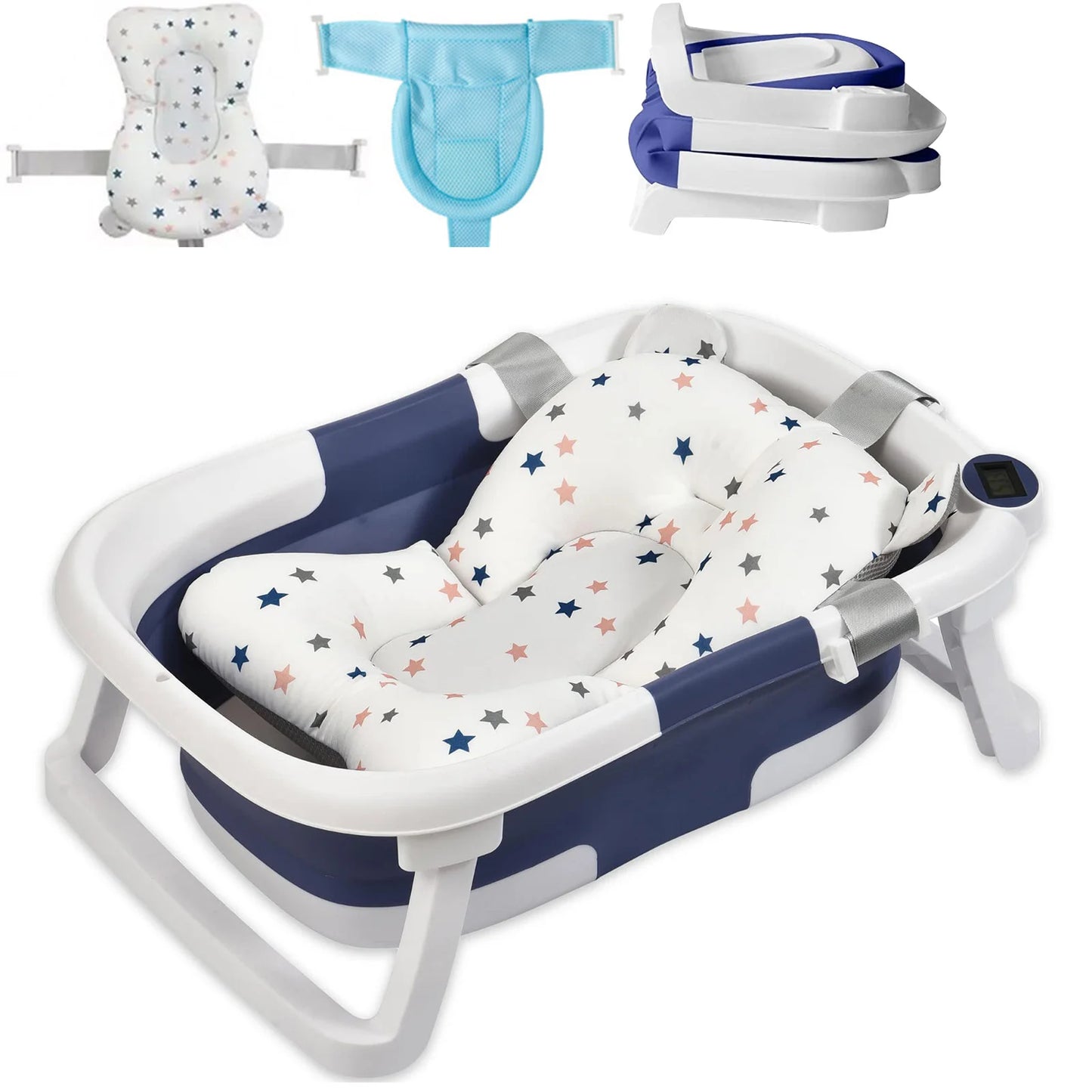 Infant Bathtub With Cushion Foldable Thermometer Shower Cap