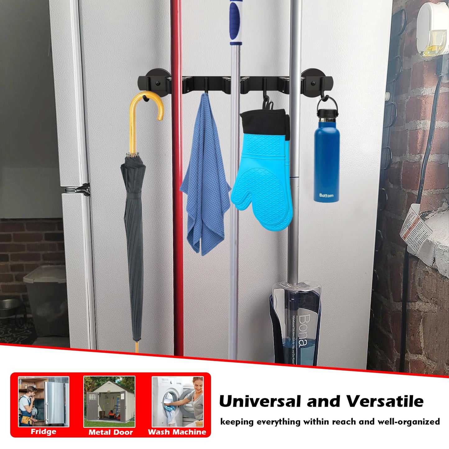 Magnetic Broom and Mop Holder Bar 3 Racks 4 Hooks Garage