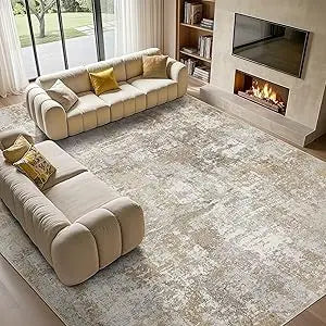 Washable 9x12 Area Rug for Living Room: Modern Abstract Neutral Large Soft Thin Rugs - Non Slip Indoor Carpet for Bedroom Dinin