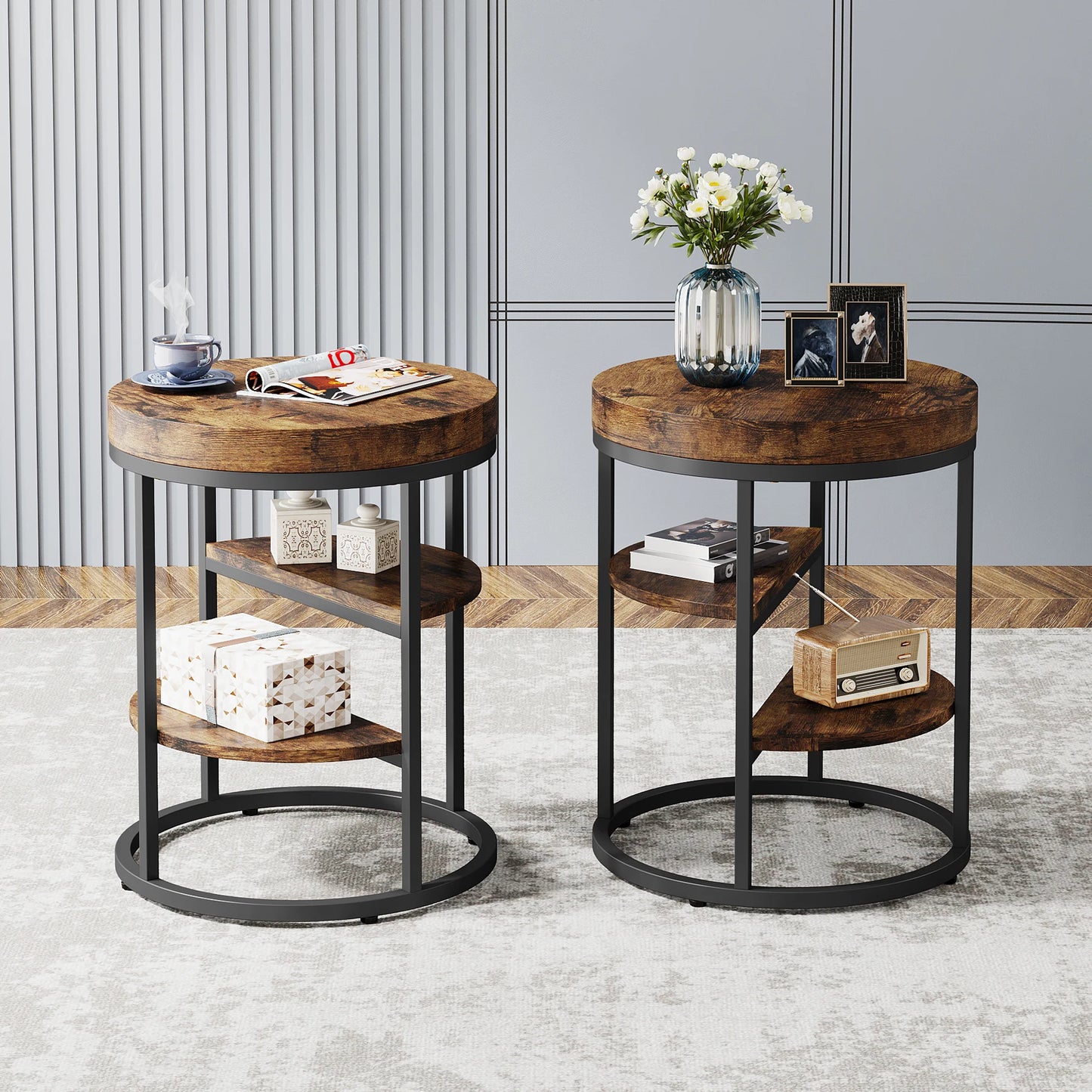 Tribesigns Round End Table With Storage Shelves Wood