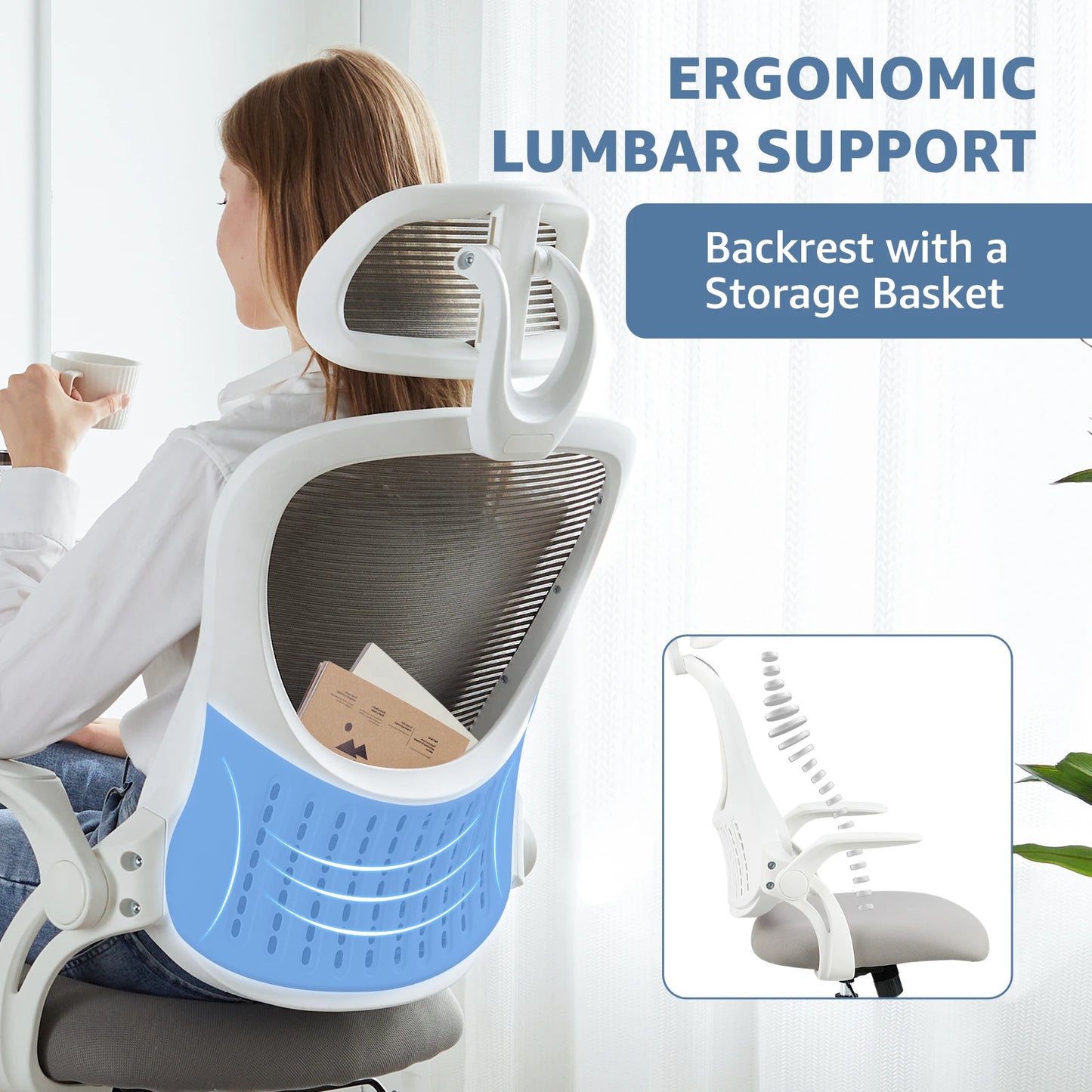 JHKErgonomics Mesh Ergonomic Office Chair Flip Up Headrest