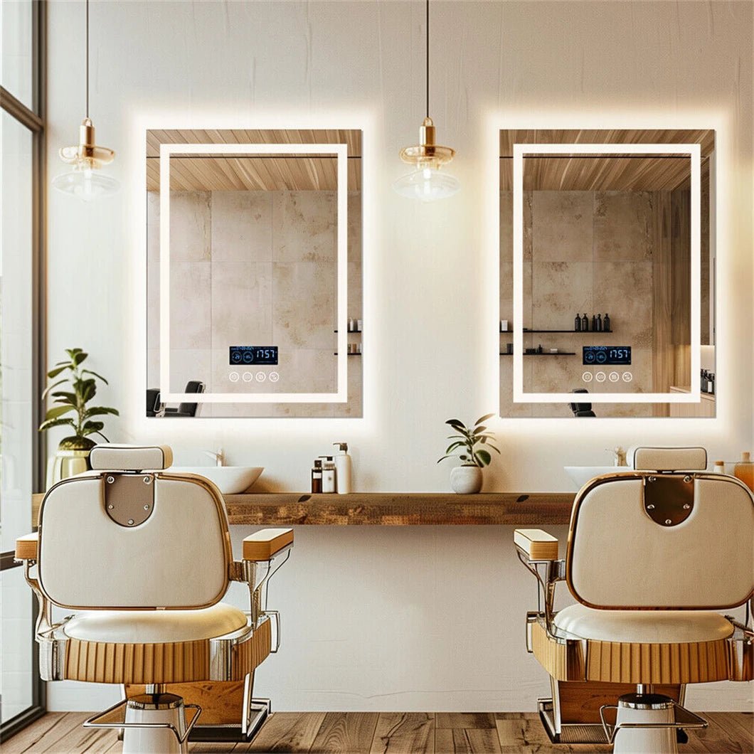 Smart LED Bathroom Mirror Rectangle Wall Mount Mirror w Bluetooth Speaker,Time,Temperature,Light Memory,Front & Backlit,Anti-Fog