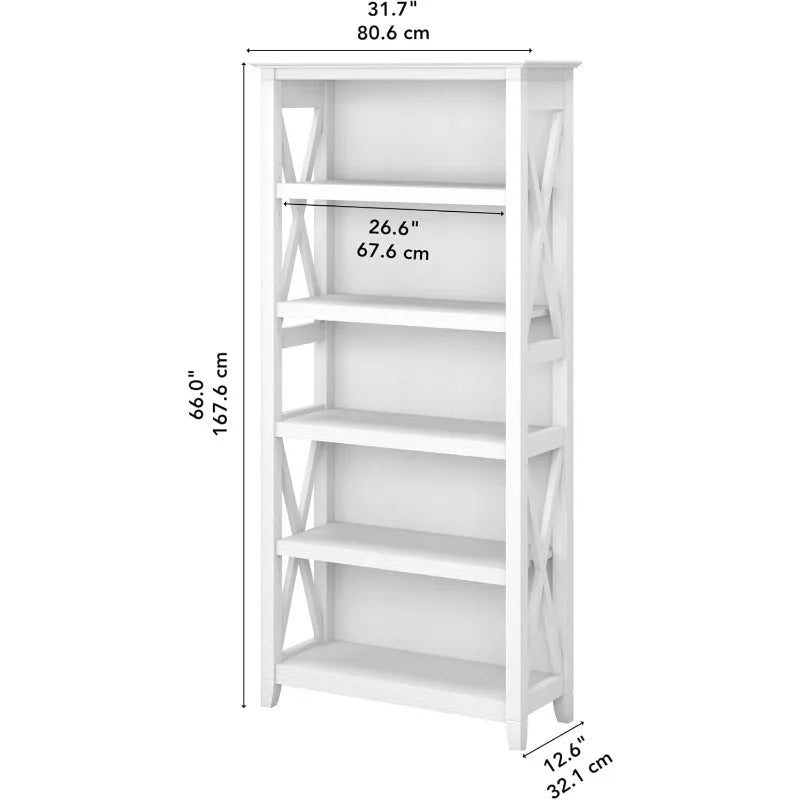 Tall 5 Shelf Bookcase for Living Room or Home Office, Large Bookshelf, Modern Farmhouse Style, Key West Collectio