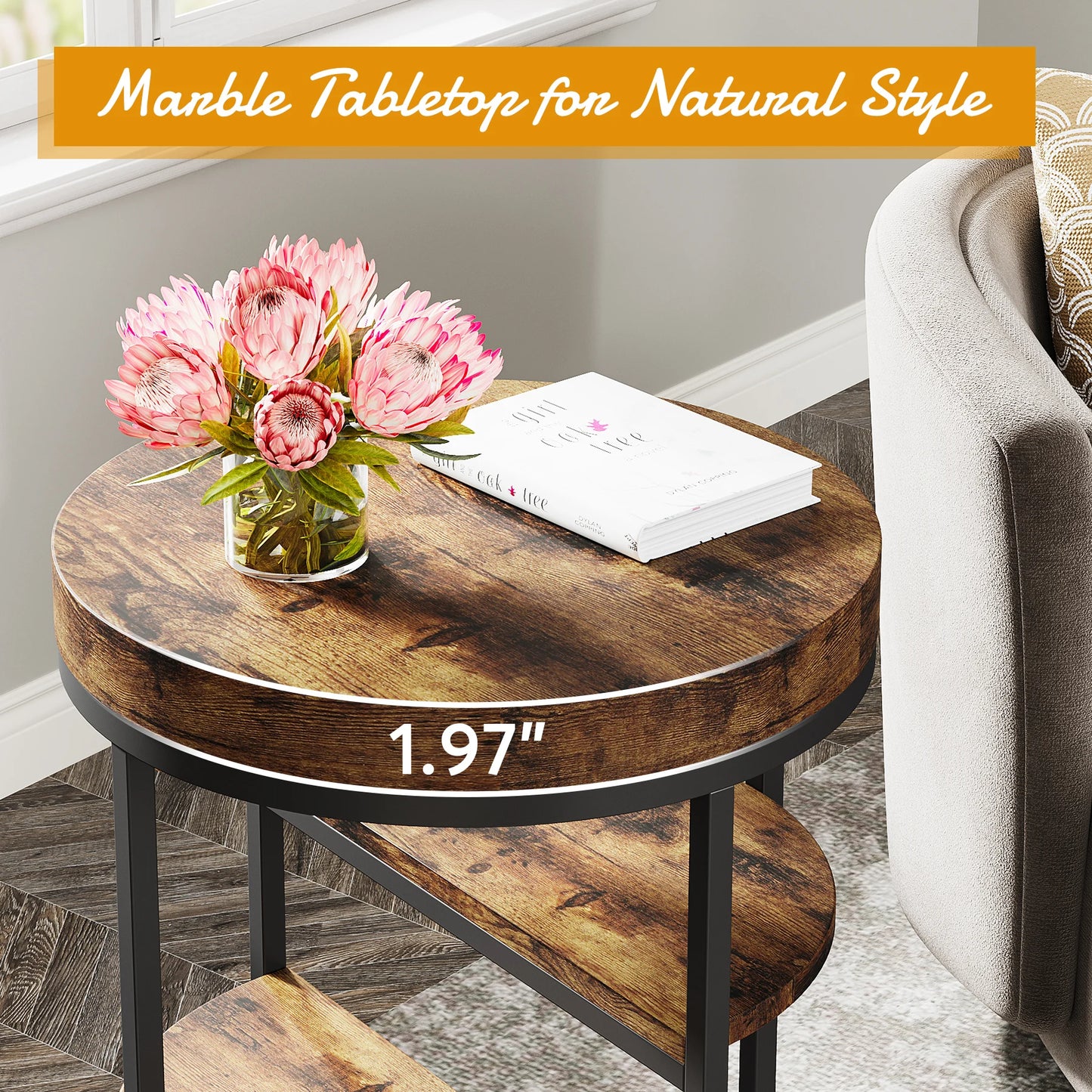 Tribesigns Round End Table With Storage Shelves Wood