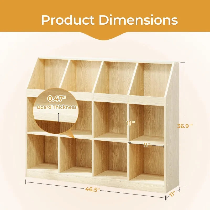 .12-Cube Wooden Storage Bookcase - 11-Inch Open Shelf Cabinet, Simple Modern Bookshelf Organizer for Home Office, Living Roo