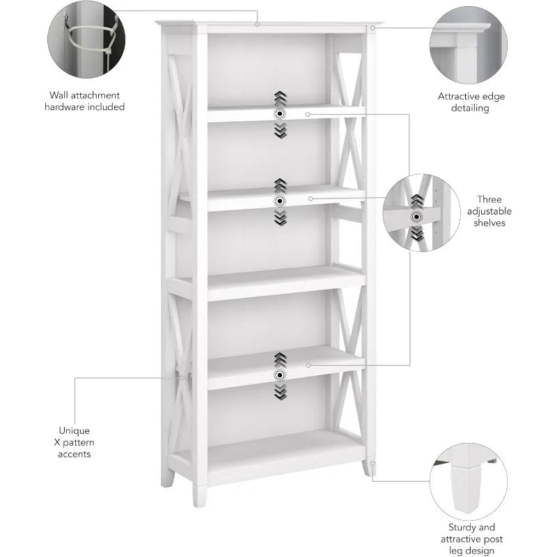 Tall 5 Shelf Bookcase for Living Room or Home Office, Large Bookshelf, Modern Farmhouse Style, Key West Collectio