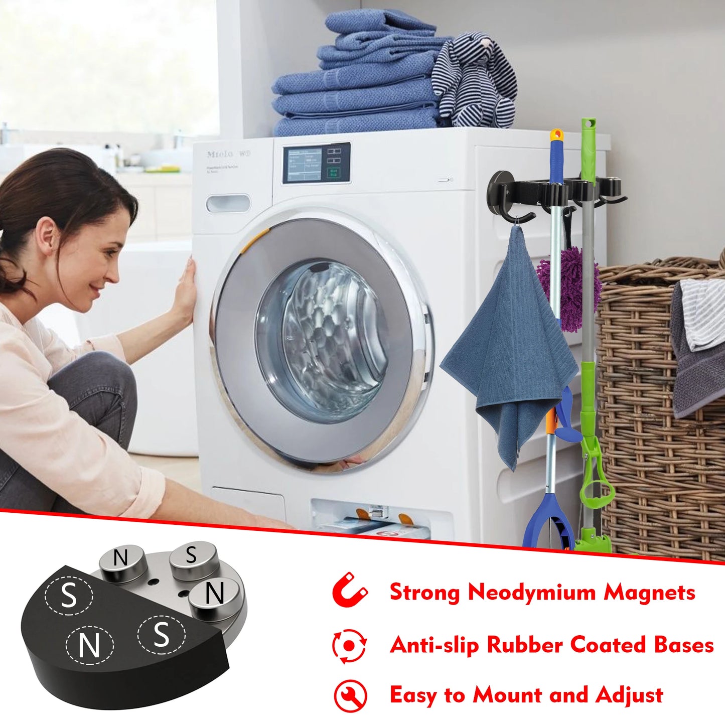 Magnetic Broom and Mop Holder Bar 3 Racks 4 Hooks Garage