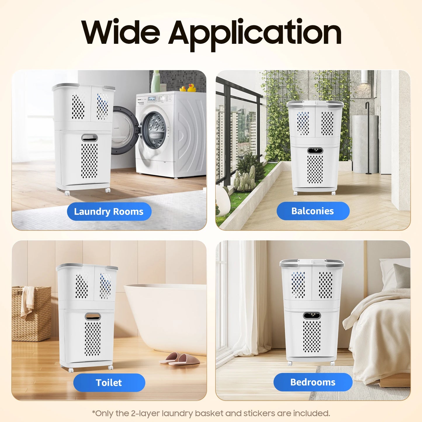 Movable Household Laundry Basket,2 Tier Laundry Hamper Basket Sorter with Wheels&Handle,Large Hand-Held Laundry Basket Storage