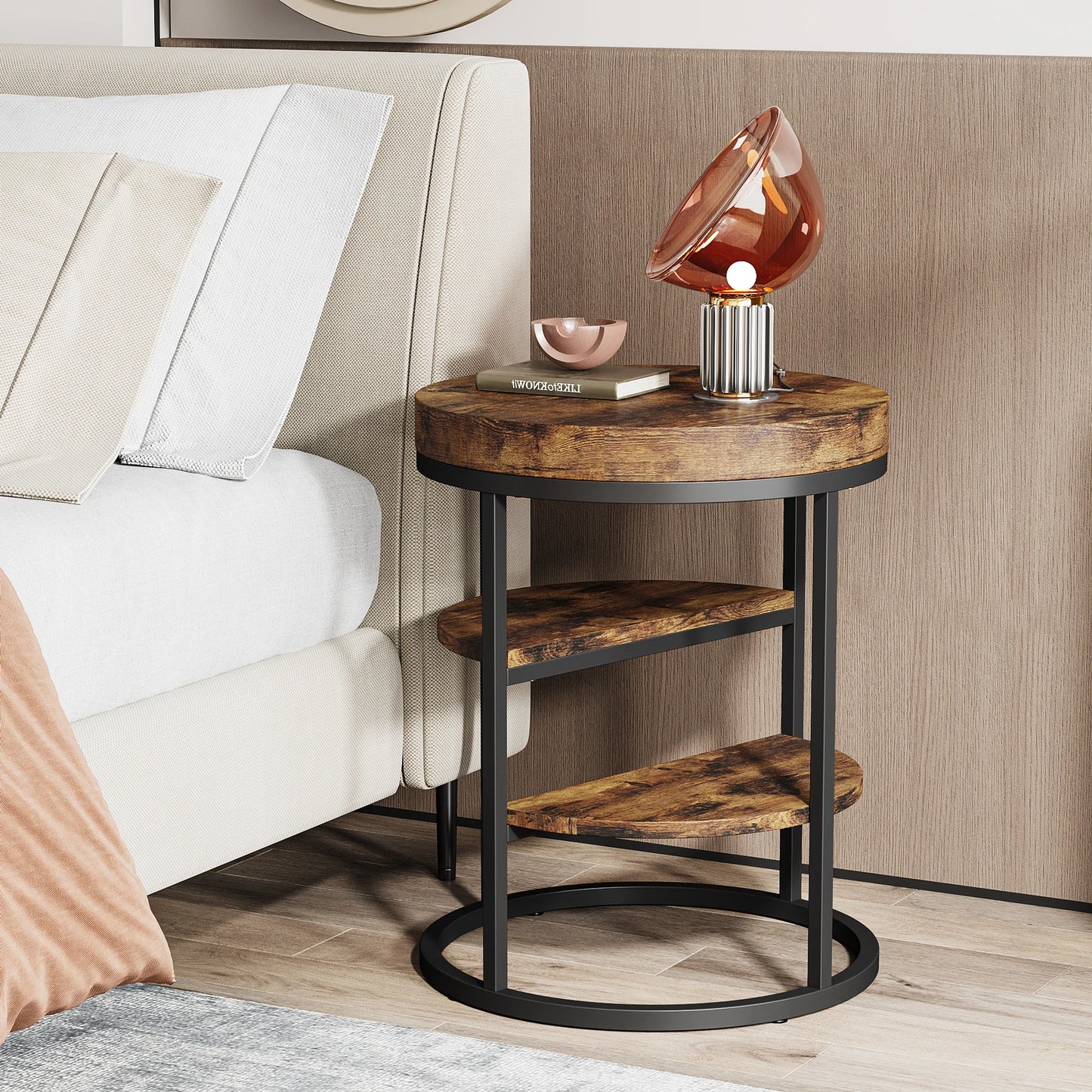Tribesigns Round End Table With Storage Shelves Wood