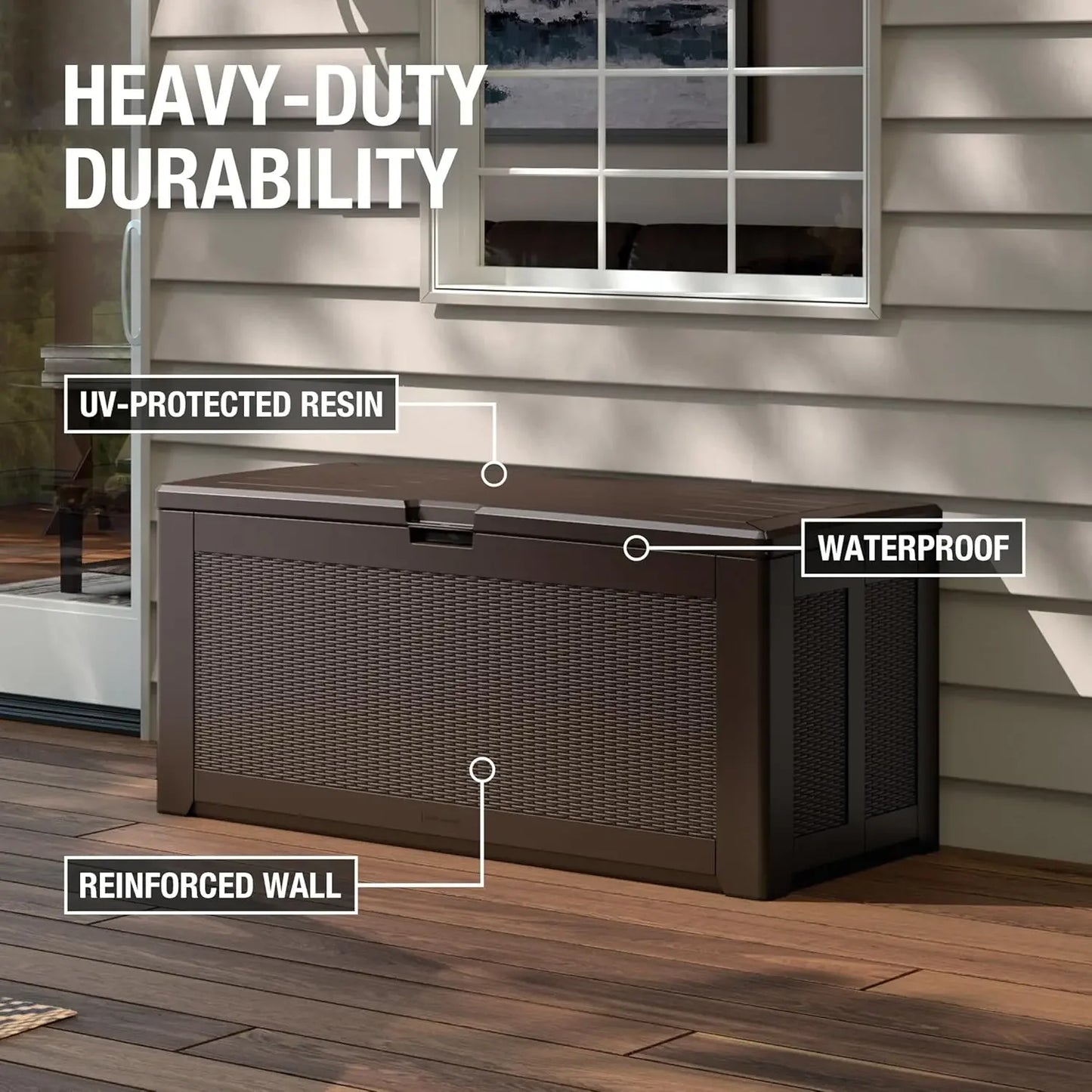 Extra Large Resin Outdoor Storage Deck Box (134 Gal), Weather Resistant, Brown, Deck Organization for Home/Backyard