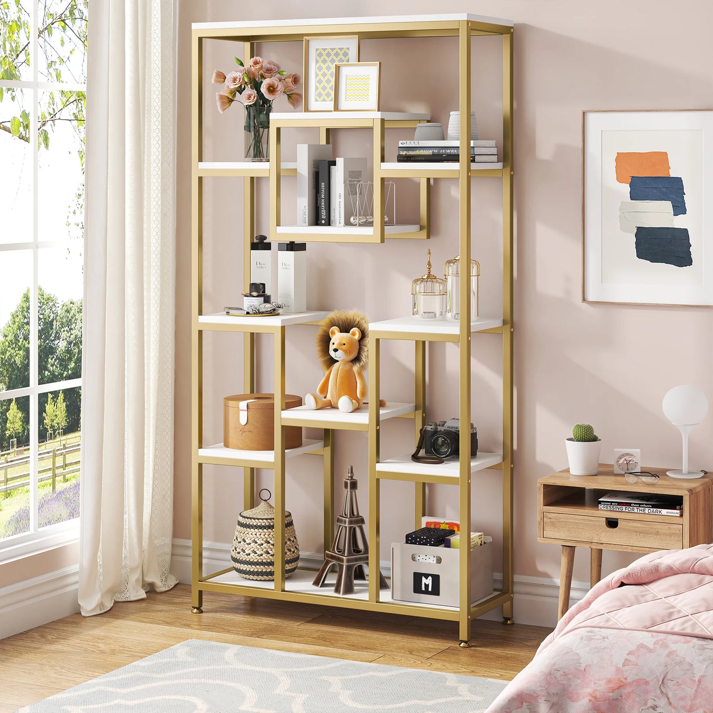 Tribesigns Geometric Bookshelf With Metal Frame Storage
