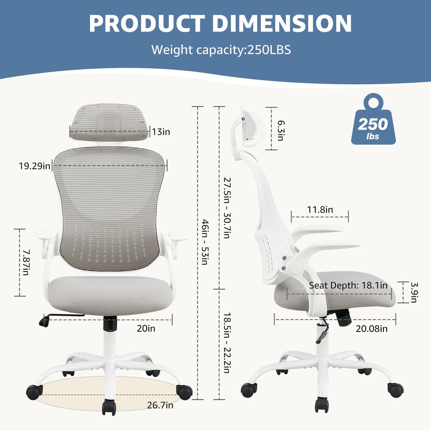 JHKErgonomics Mesh Ergonomic Office Chair Flip Up Headrest