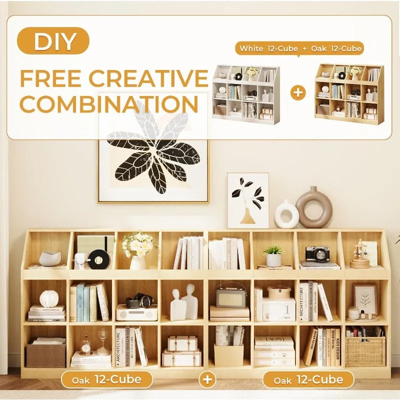 .12-Cube Wooden Storage Bookcase - 11-Inch Open Shelf Cabinet, Simple Modern Bookshelf Organizer for Home Office, Living Roo