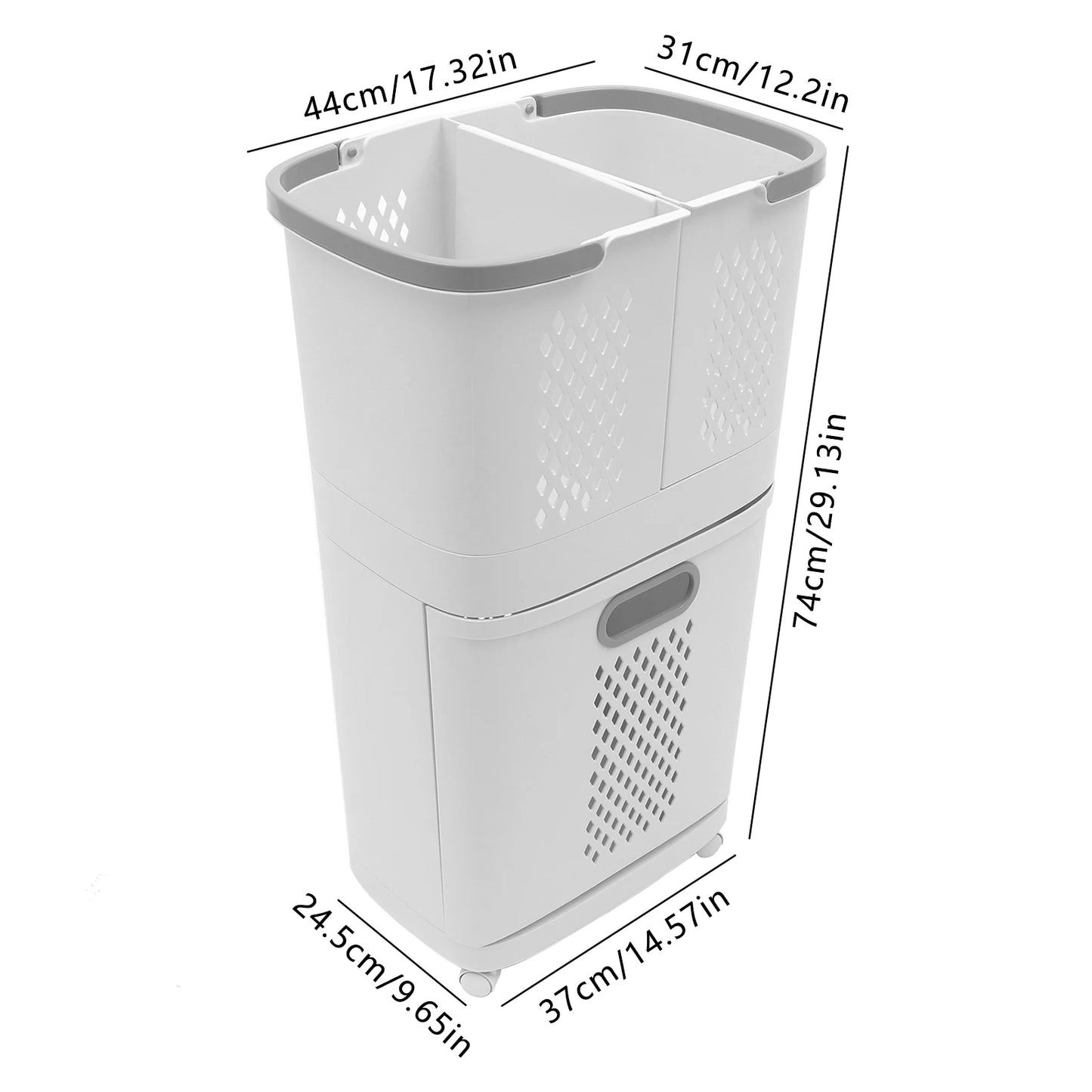 Movable Household Laundry Basket,2 Tier Laundry Hamper Basket Sorter with Wheels&Handle,Large Hand-Held Laundry Basket Storage