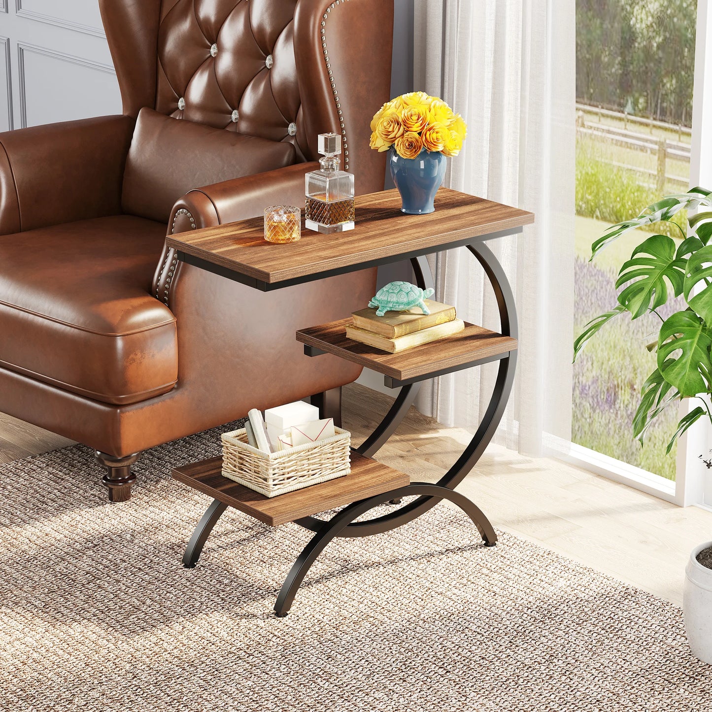 Tribesigns C Shaped End Table Industrial 3 Tier Storage
