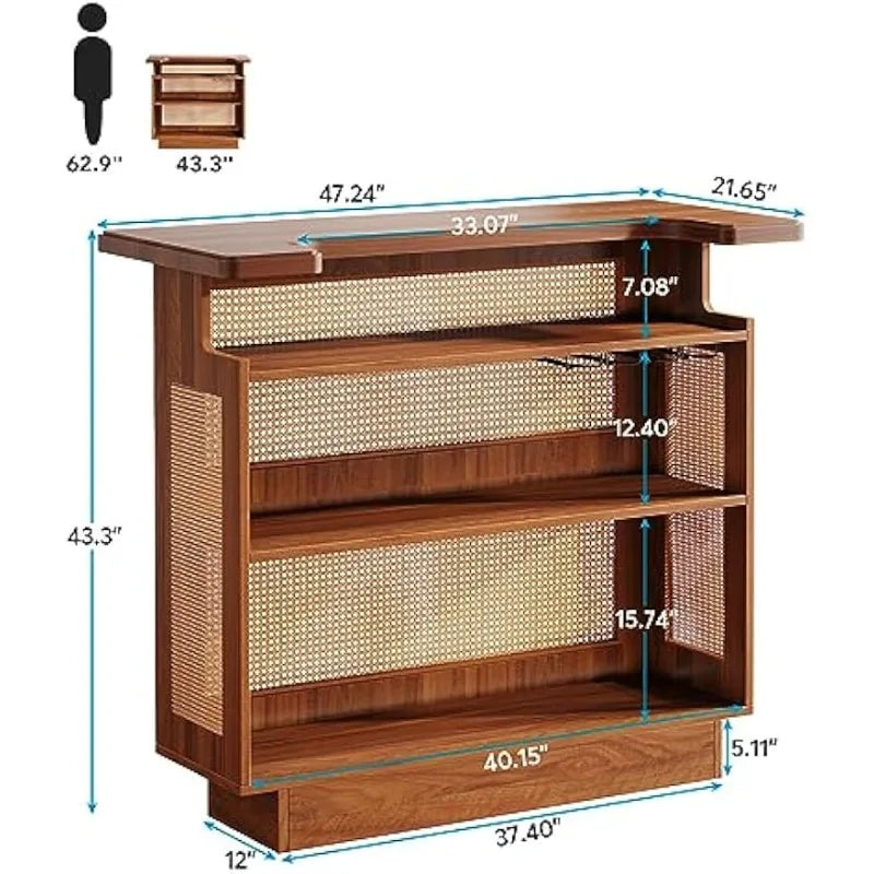 Rattan Home Bar Unit, Farmhouse 4-Tier Bar Table with 4 Stemware Racks and Heightened Base, Liquor Wine Bar Cabinet M