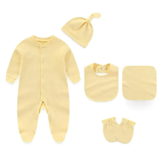 7 Colors Solid Unisex Baby Boy Girl Romper+Burp Cloth+Bib+Hats+Gloves Baby Clothing Sets