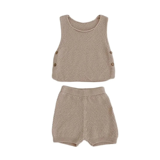 New Baby Clothing Knitted Sweater Thin Tank Top Open Button Top+Shorts 2-piece Set for Boys and Girls