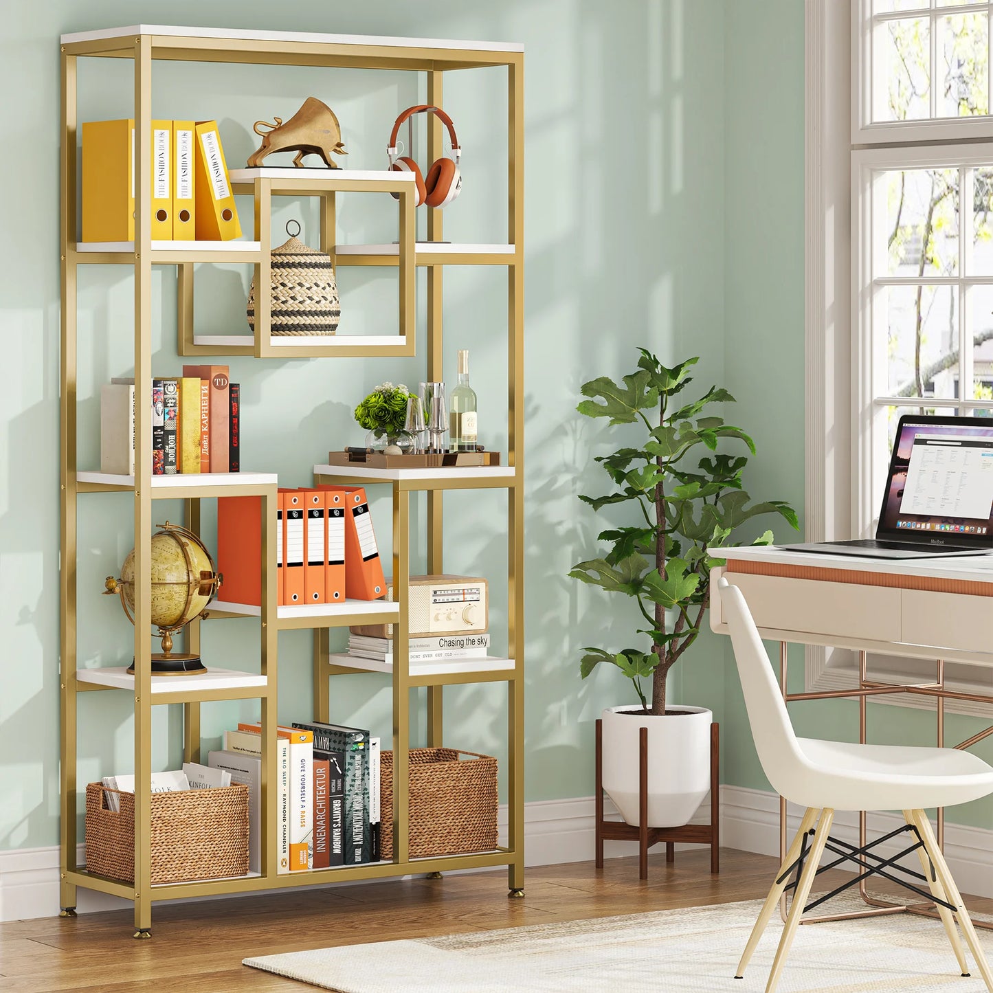 Tribesigns Geometric Bookshelf With Metal Frame Storage