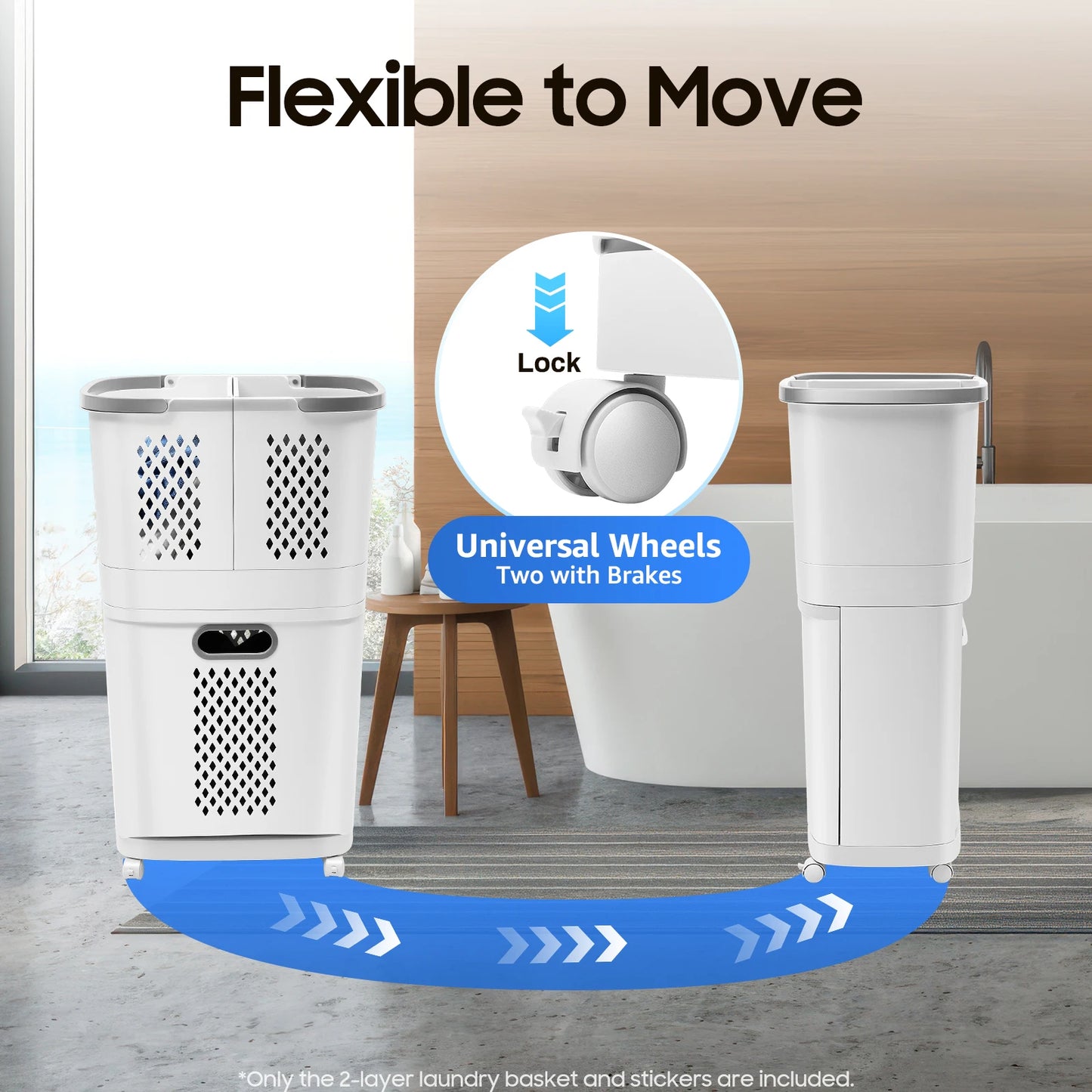 Movable Household Laundry Basket,2 Tier Laundry Hamper Basket Sorter with Wheels&Handle,Large Hand-Held Laundry Basket Storage