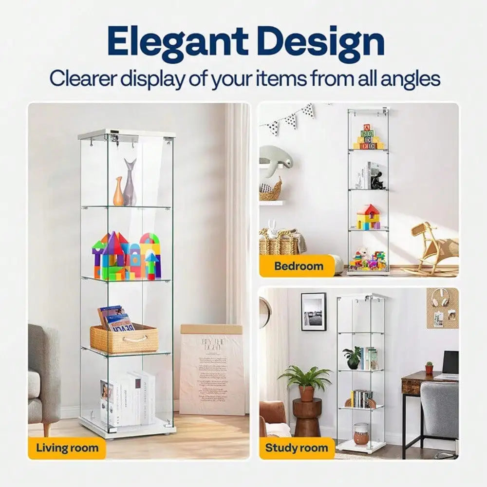 4 Shelf Glass Display Cabinet Glass Curio Cabinet Bookshelf Showcase with Lock