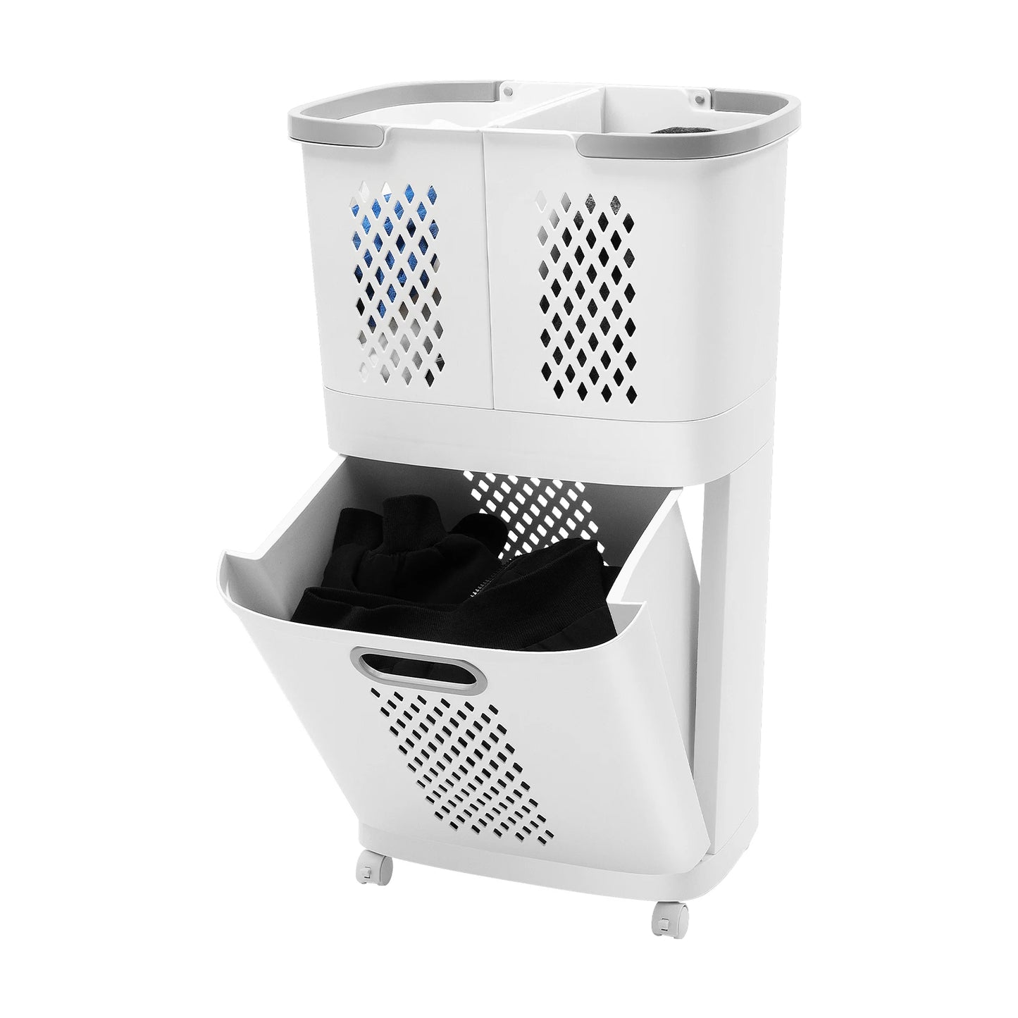 Movable Household Laundry Basket,2 Tier Laundry Hamper Basket Sorter with Wheels&Handle,Large Hand-Held Laundry Basket Storage