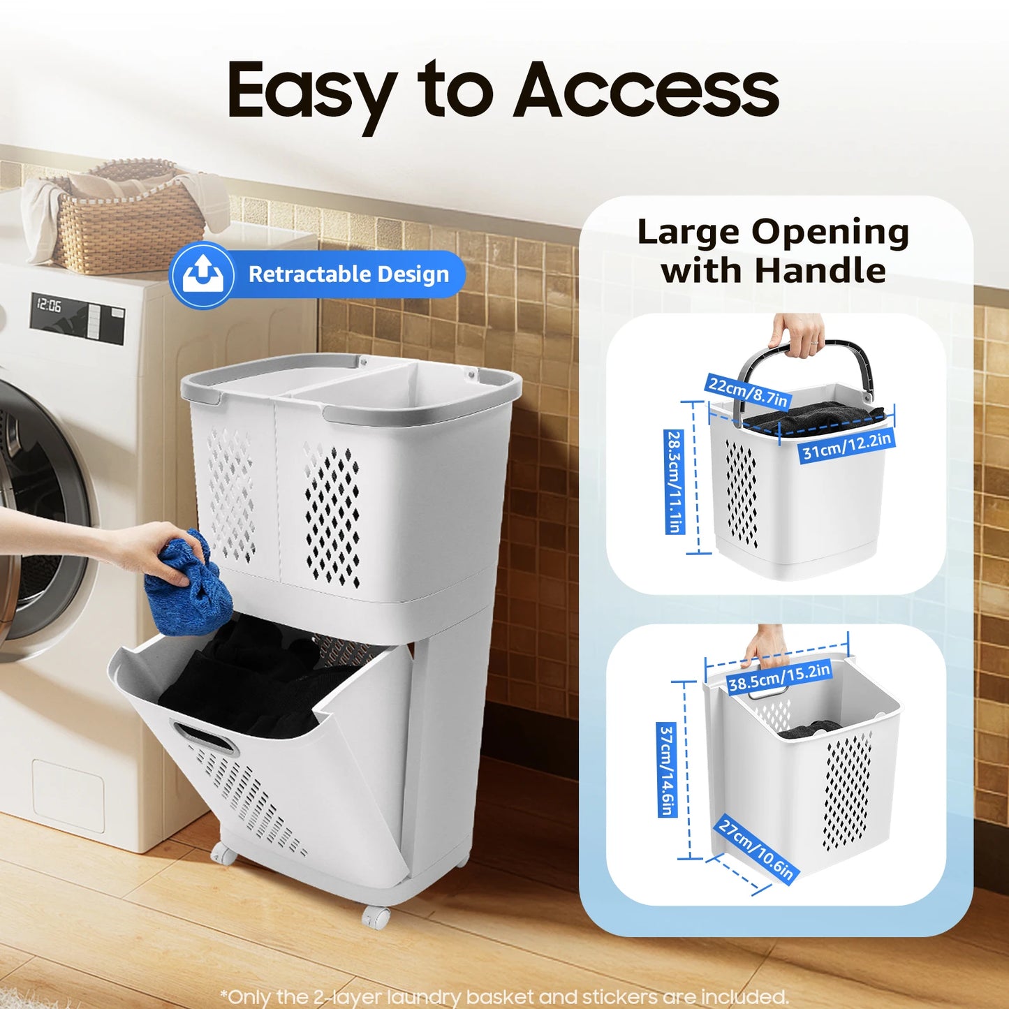 Movable Household Laundry Basket,2 Tier Laundry Hamper Basket Sorter with Wheels&Handle,Large Hand-Held Laundry Basket Storage