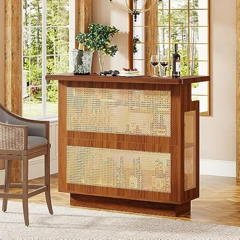 Rattan Home Bar Unit, Farmhouse 4-Tier Bar Table with 4 Stemware Racks and Heightened Base, Liquor Wine Bar Cabinet M