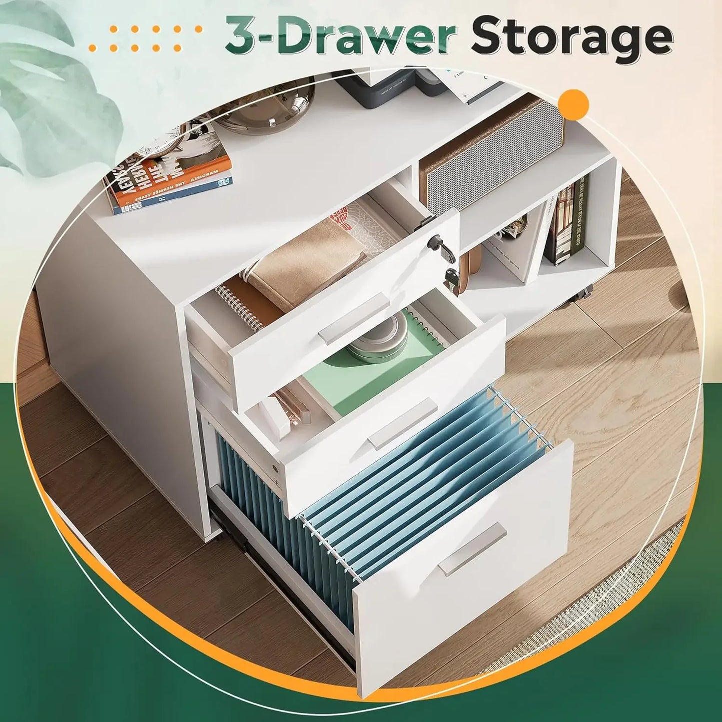 3-Drawer Wood File Cabinet with Lock, Mobile Lateral Filing Cabinet, Printer Stand with Open Storage Shelves for Home Office