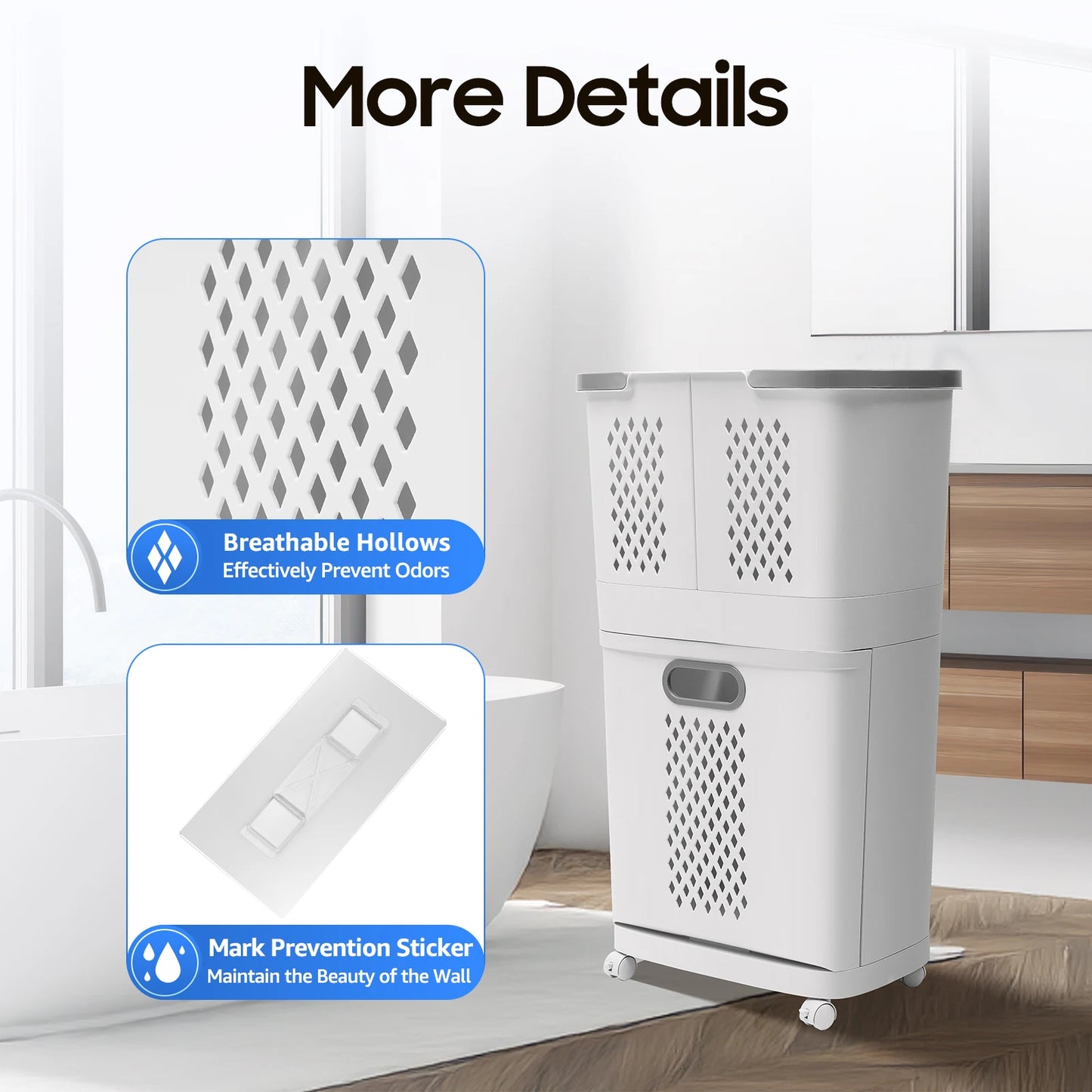 Movable Household Laundry Basket,2 Tier Laundry Hamper Basket Sorter with Wheels&Handle,Large Hand-Held Laundry Basket Storage