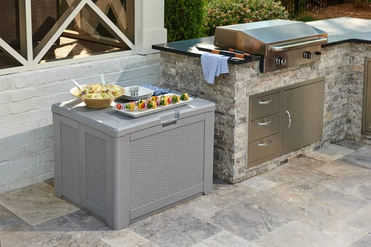 AMedium Resin Outdoor Storage Deck Box (74 Gal) Weather Resistant Gray Deck Organization for Home/Backyard