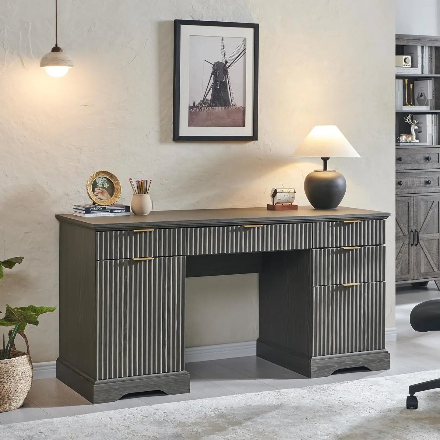 60" Modern Executive Desk with Storage, Wood Home Office Desk with Drawer & Cabinet, Fluted Computer Writing Desk for
