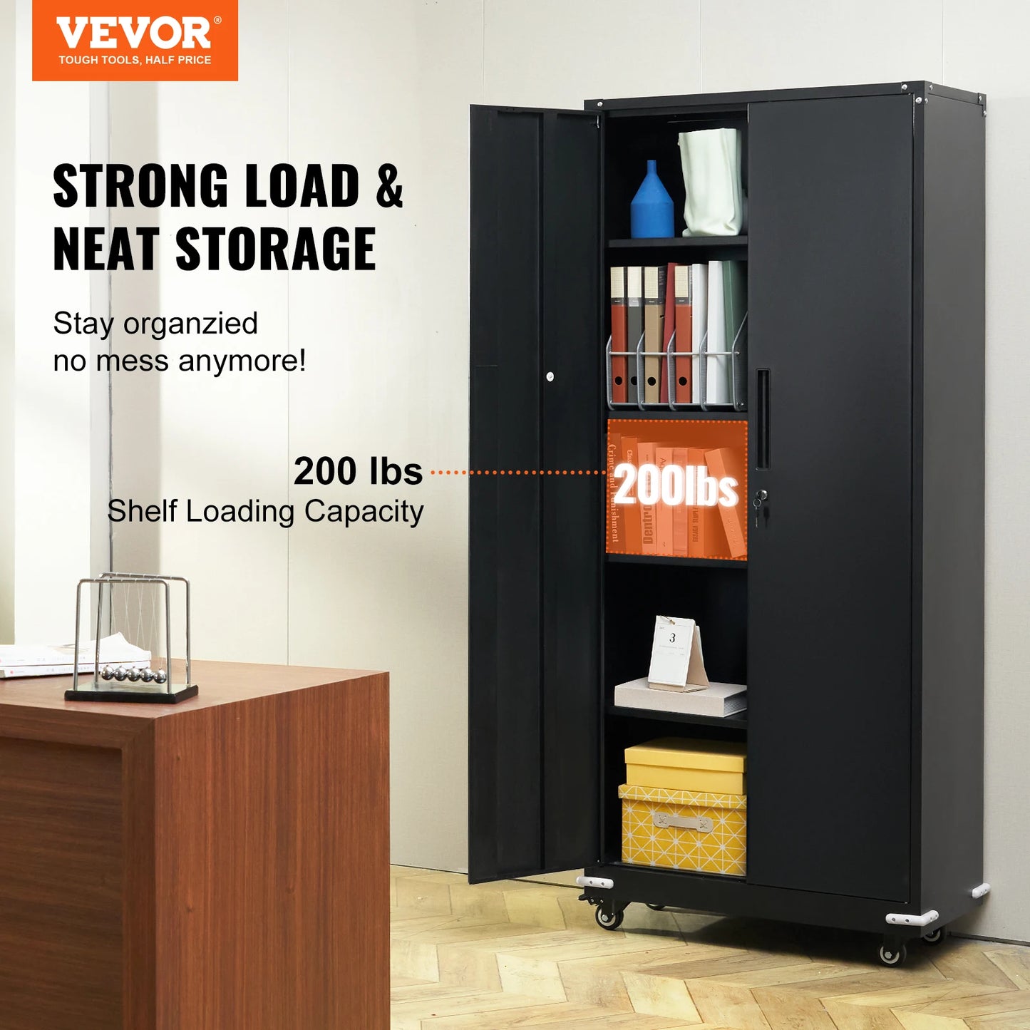 VEVOR 200 lbs Metal Storage Cabinet Organizer with Wheels Adjustable Shelves Cabinet Black for Home Office Garage