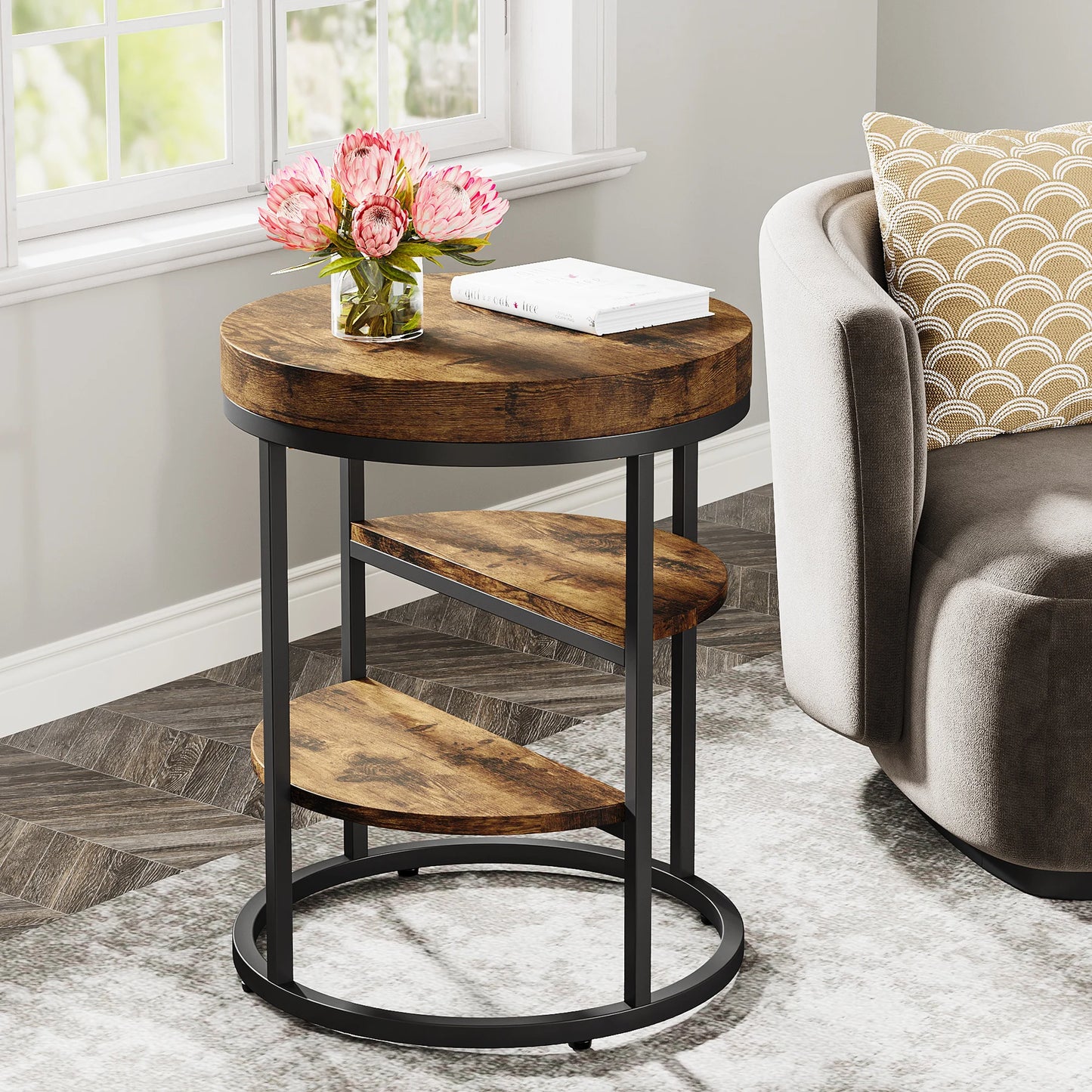 Tribesigns Round End Table With Storage Shelves Wood