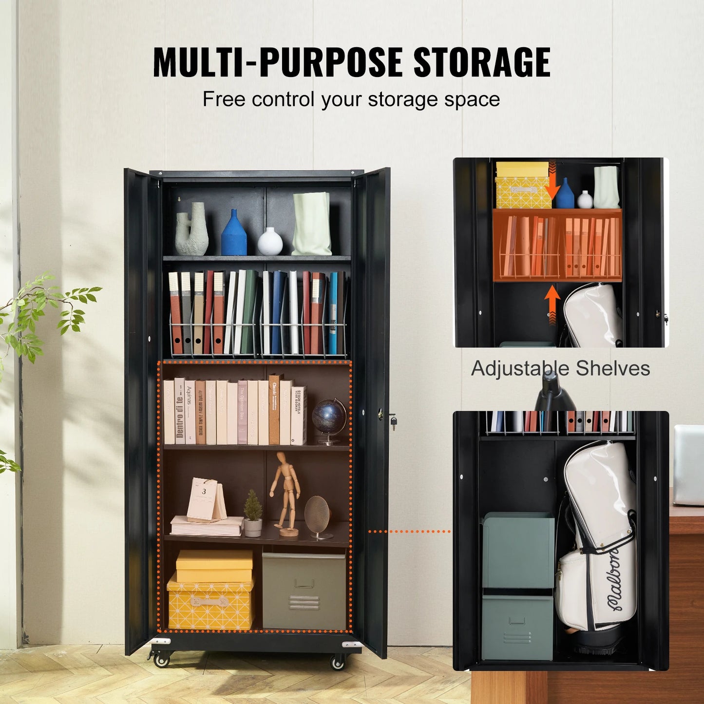 VEVOR 200 lbs Metal Storage Cabinet Organizer with Wheels Adjustable Shelves Cabinet Black for Home Office Garage