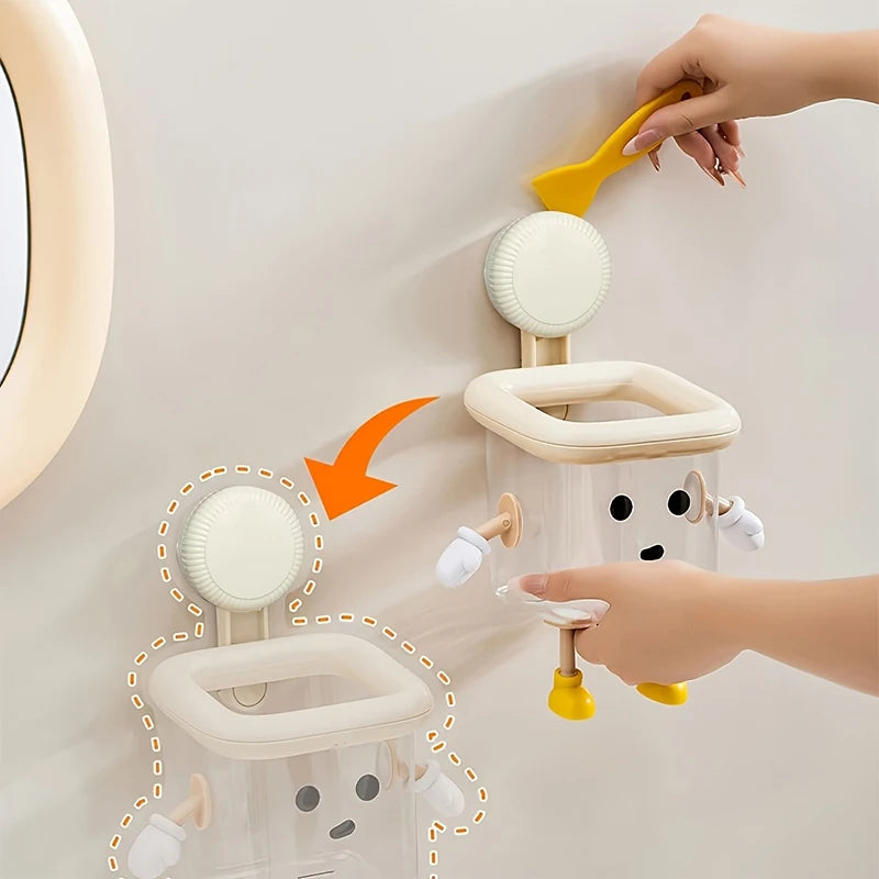1pc Cartoon Bathroom Toothbrush Holder, Wall-Mounted No-Drill Suction Cup Storage Box, Cute Home Decor Plastic Organizer