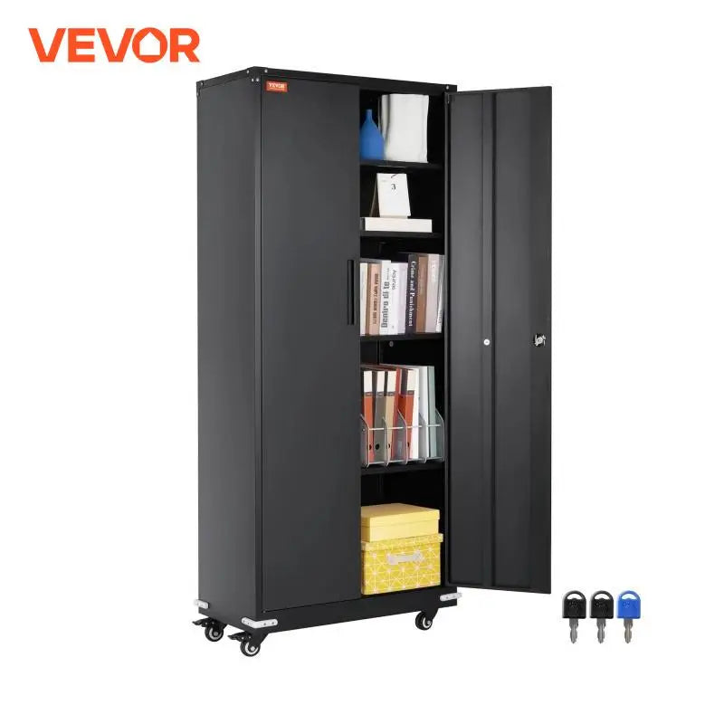 VEVOR 200 lbs Metal Storage Cabinet Organizer with Wheels Adjustable Shelves Cabinet Black for Home Office Garage