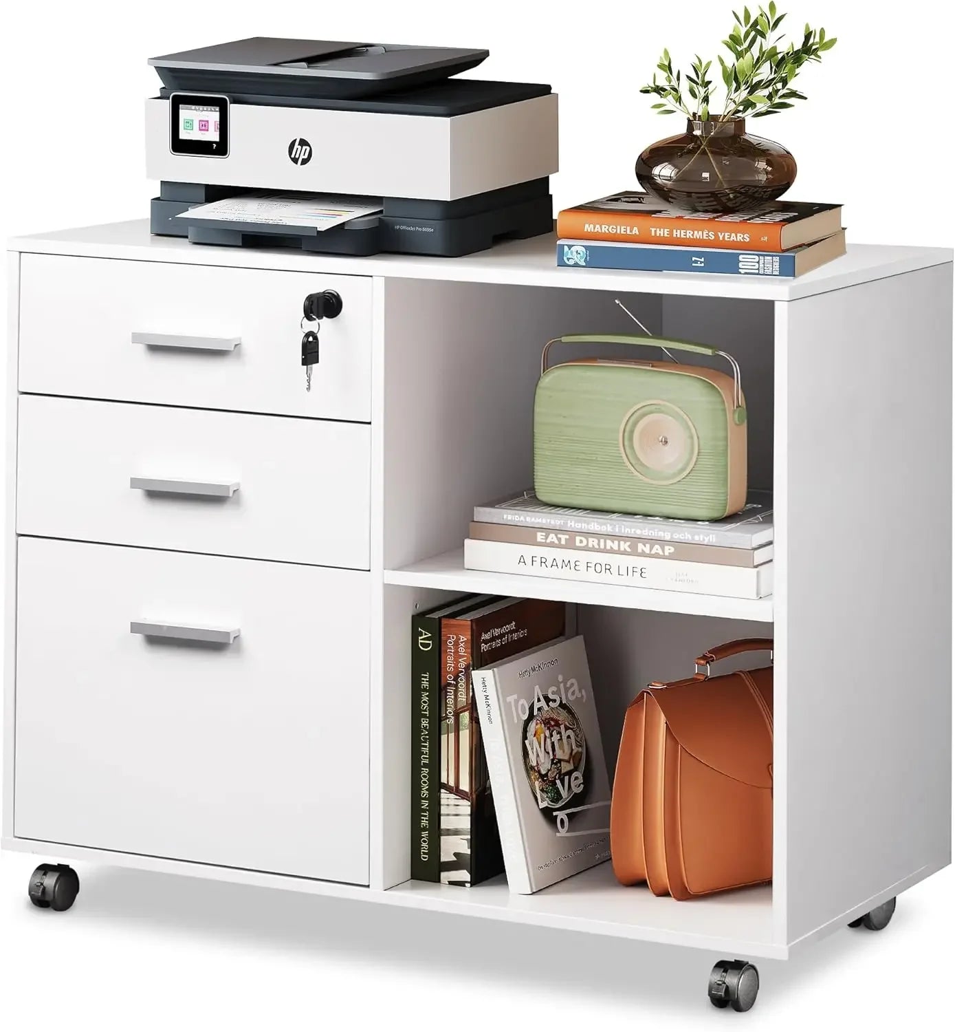 3-Drawer Wood File Cabinet with Lock, Mobile Lateral Filing Cabinet, Printer Stand with Open Storage Shelves for Home Office