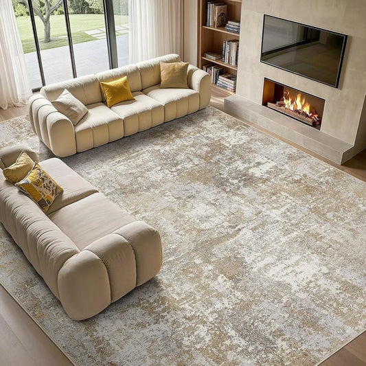 Washable 9x12 Area Rug for Living Room: Modern Abstract Neutral Large Soft Thin Rugs - Non Slip Indoor Carpet for Bedroom Dinin