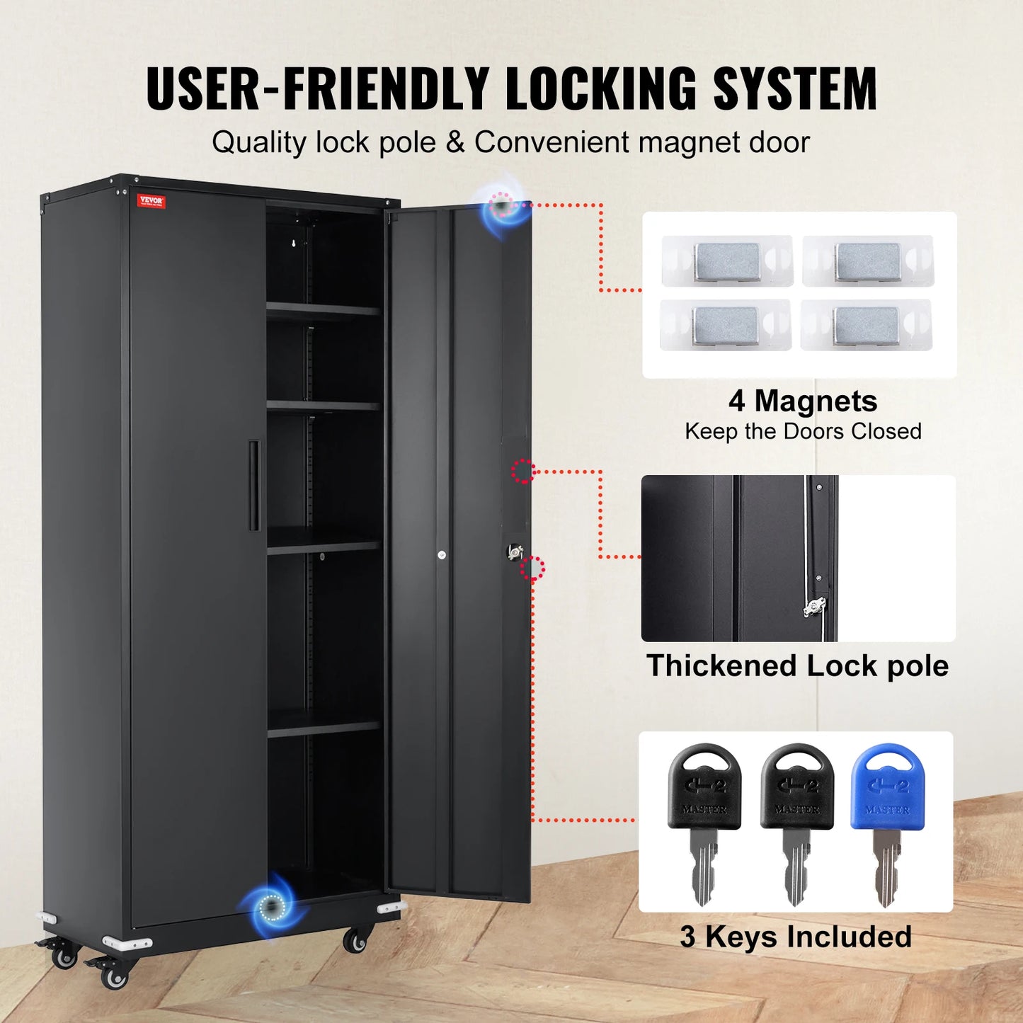 VEVOR 200 lbs Metal Storage Cabinet Organizer with Wheels Adjustable Shelves Cabinet Black for Home Office Garage