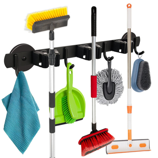 Magnetic Broom and Mop Holder Bar 3 Racks 4 Hooks Garage