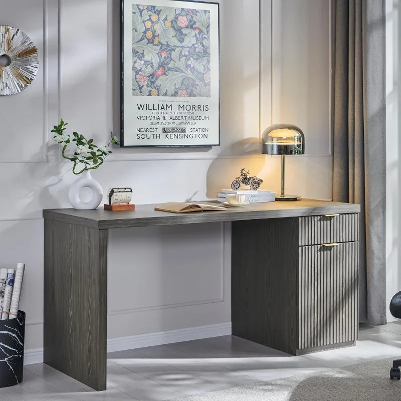 60" Modern Executive Desk with Storage, Wood Home Office Desk with Drawer & Cabinet, Fluted Computer Writing Desk for