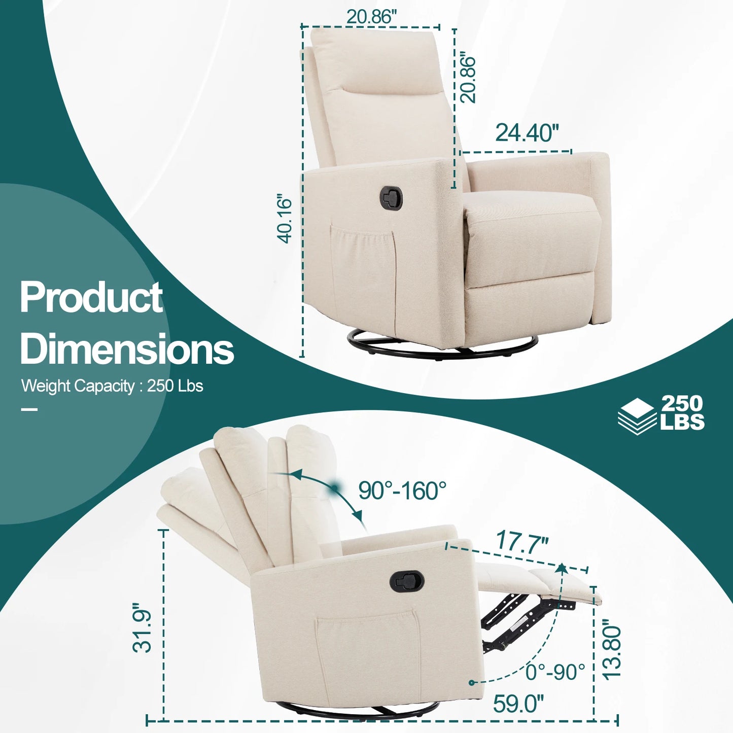 JHK Rotating Rocking Chair Recliner With Oversized Footrest